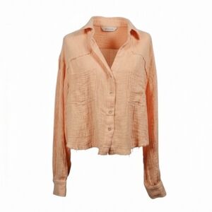 Panache Apparel Peach Gauze Button Up Shirt Women’s Cropped Raw Hem Soft S Boho